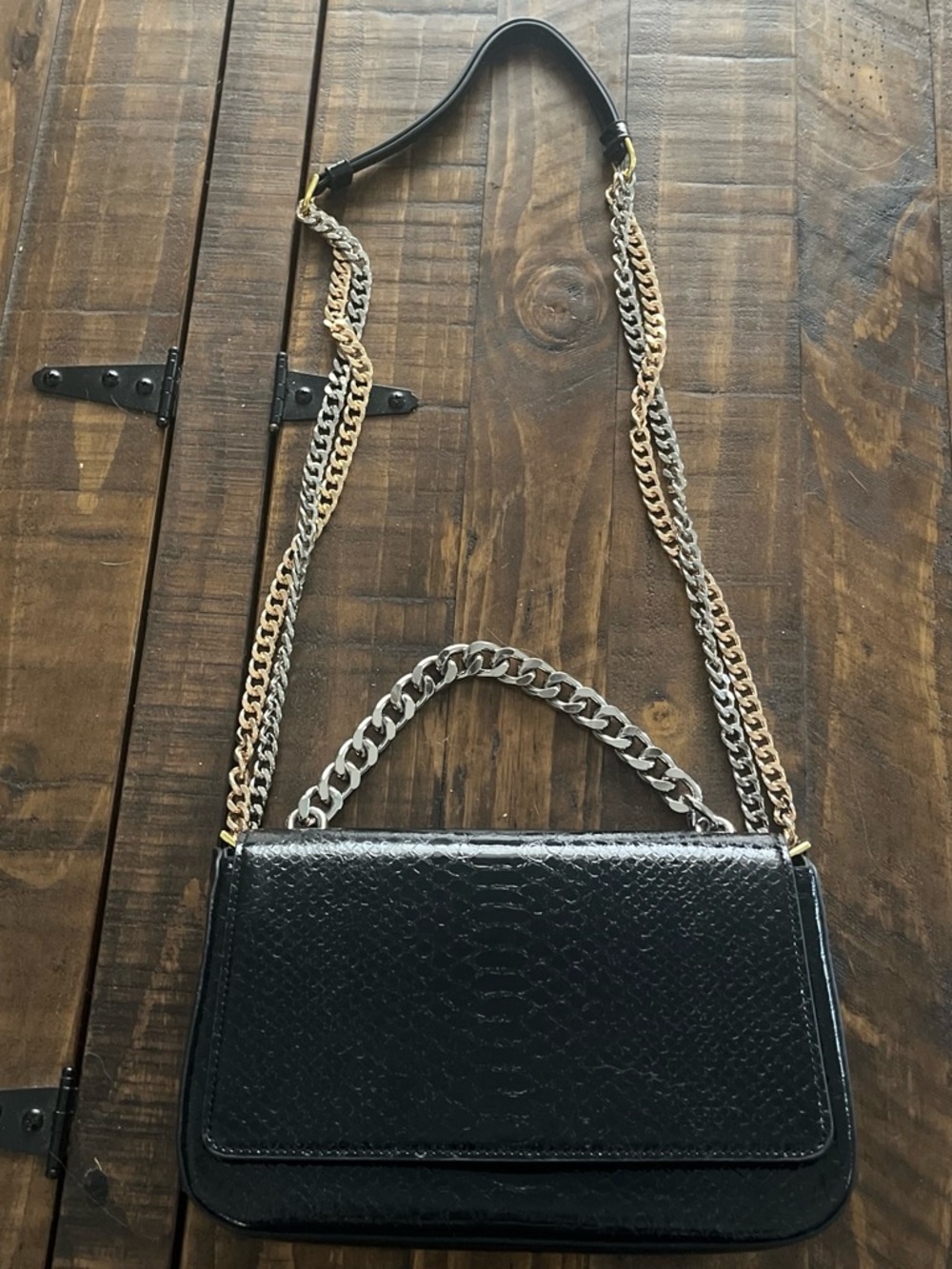 Black Textured Shoulder Bag with Mixed Metal Chain Strap